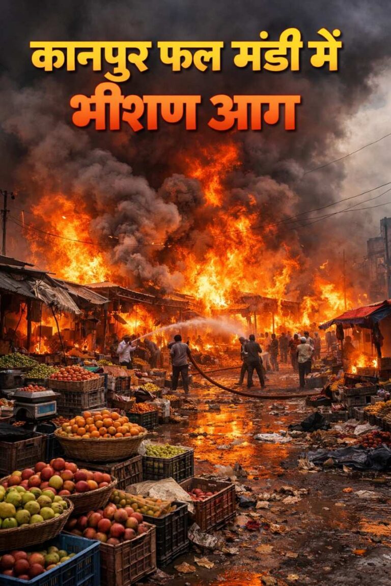 कानपुर फल मंडी में भीषण आग: शॉर्ट सर्किट से 30 से ज्यादा दुकानें जलीं, बड़ा आर्थिक नुकसान