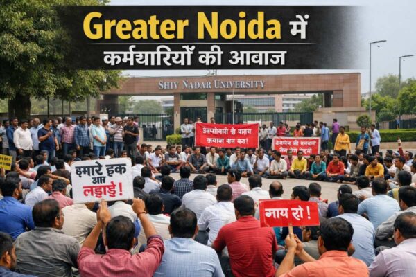 Greater Noida में कर्मचारियों की आवाज: Shiv Nadar University के बाहर बैठकर जताई अपनी बातें