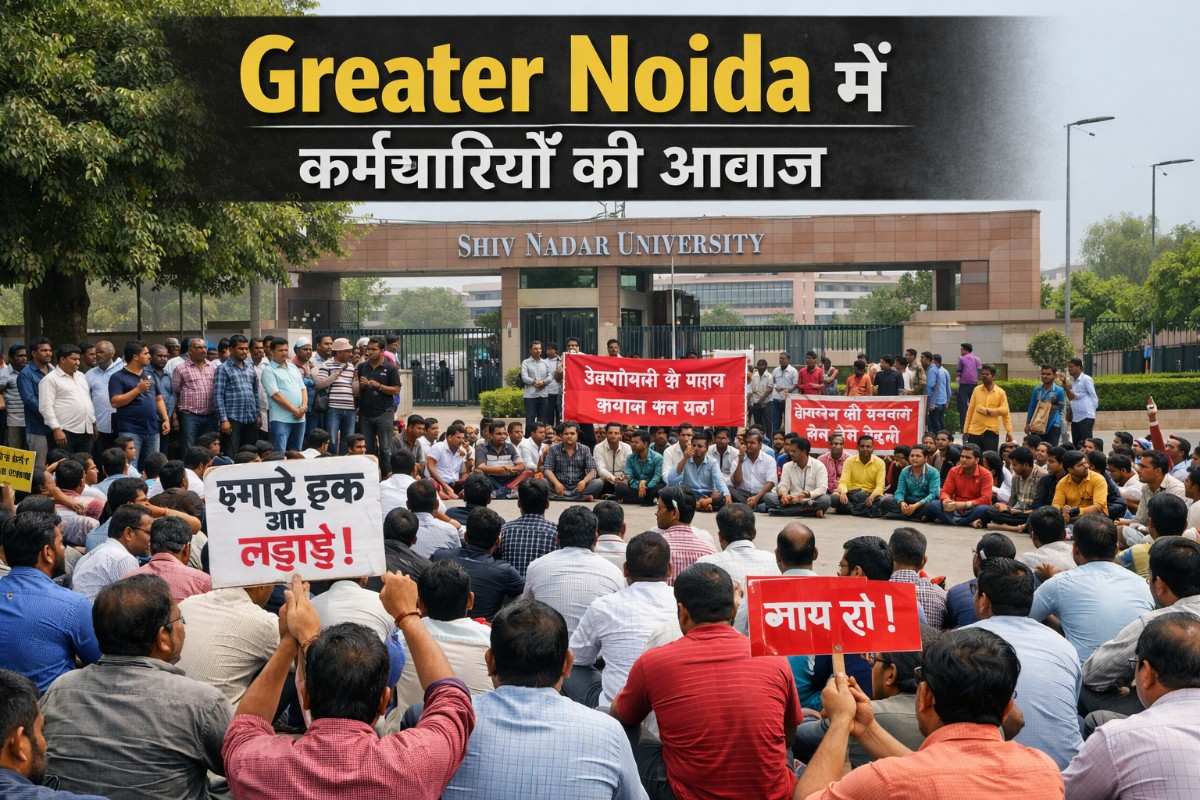 Greater Noida में कर्मचारियों की आवाज: Shiv Nadar University के बाहर बैठकर जताई अपनी बातें